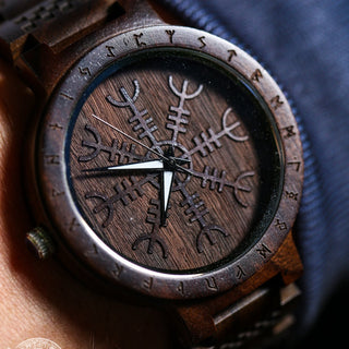 Bifrost Viking Wooden Watch with Helm of Awe Viking Symbol & Engraved Die in Battle & Go To Valhalla Saying - VikingsBrand