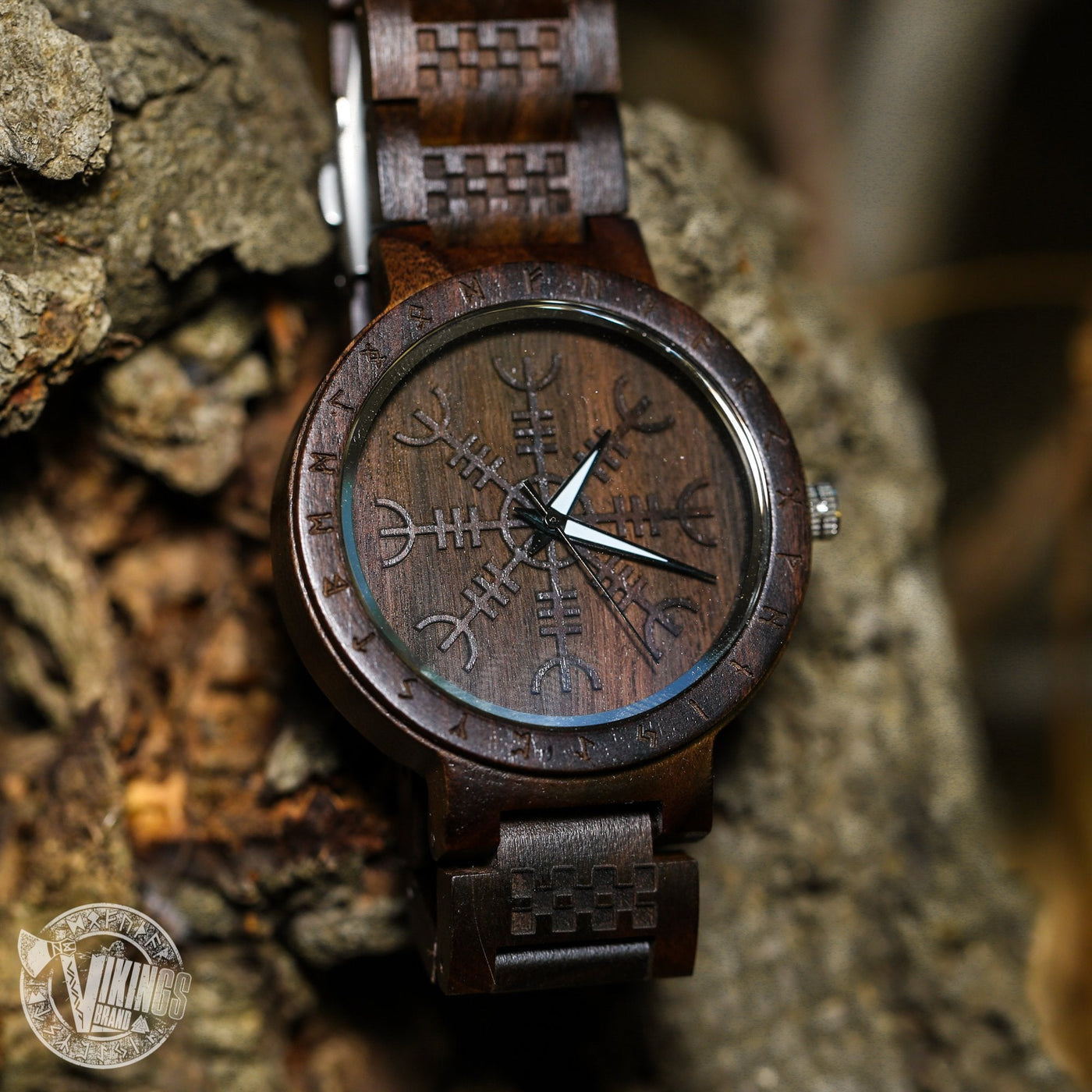 Bifrost Viking Wooden Watch with Helm of Awe Viking Symbol & Engraved Die in Battle & Go To Valhalla Saying - VikingsBrand