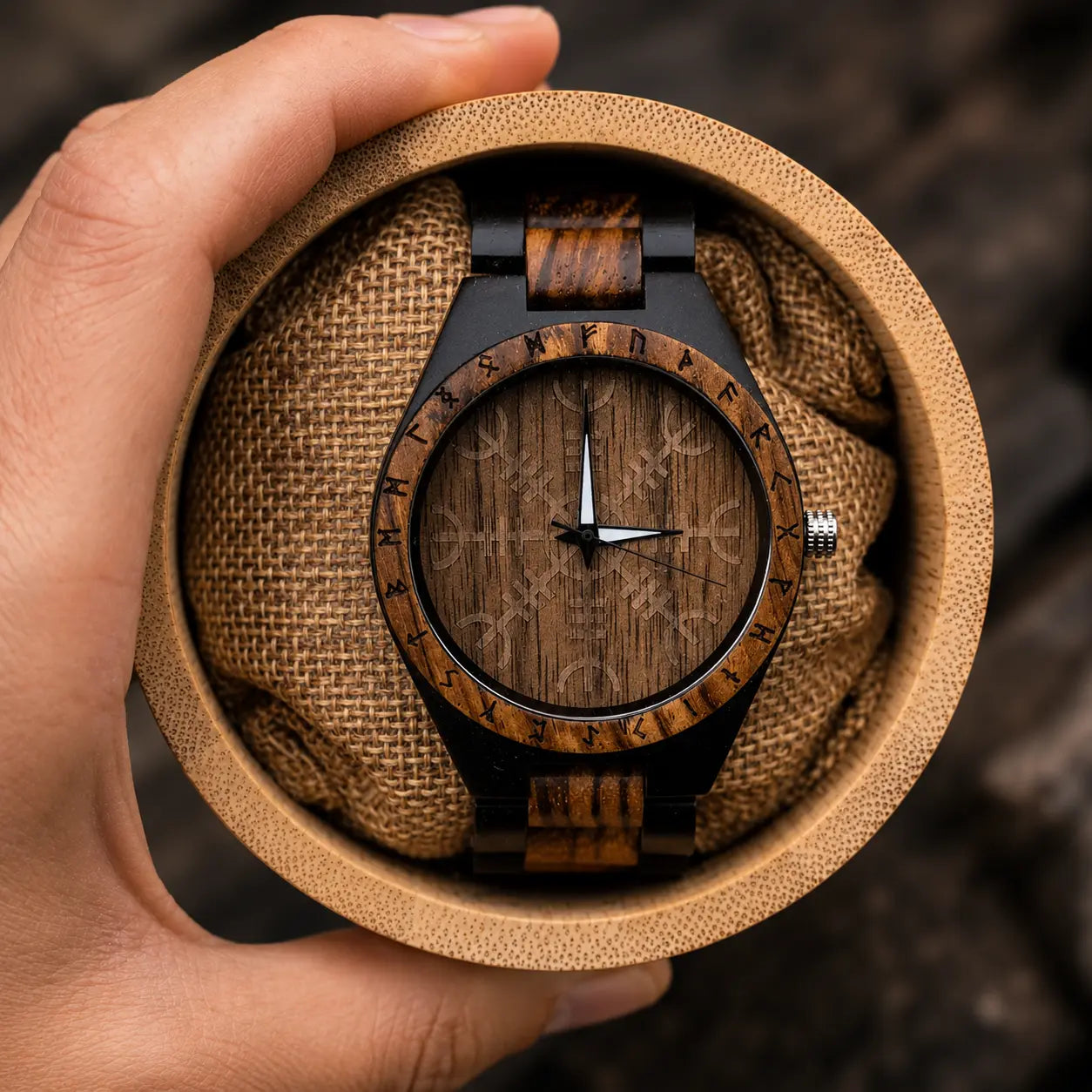 Ivar Norse Helm of Awe Wooden Viking Watch — Personalized Engraving