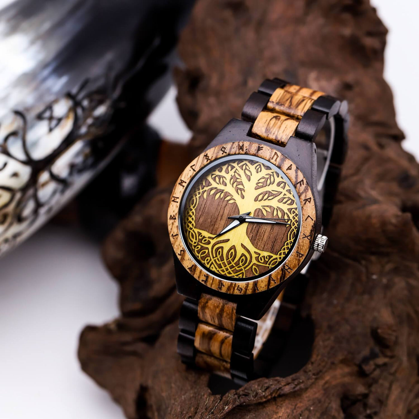 Gorm Viking Wooden Watch with Carved Yggdrasil Viking Symbol & Custom Engravings
