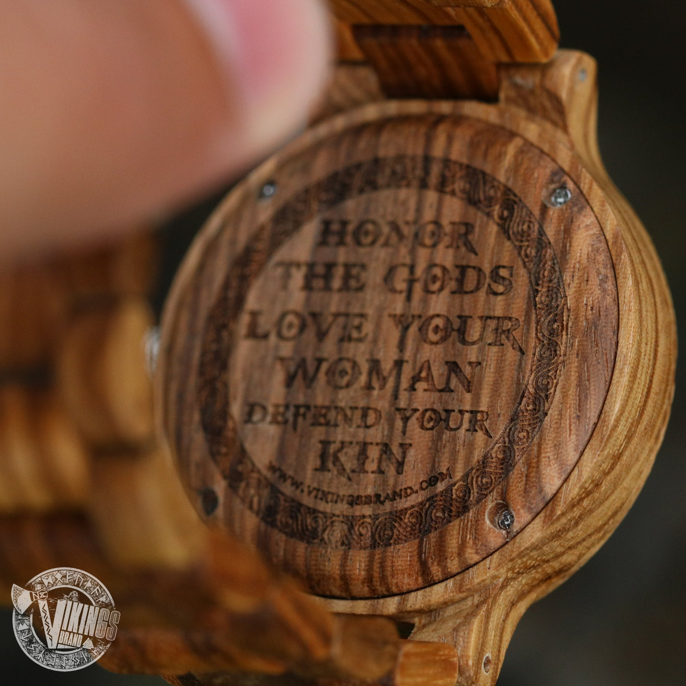 Handmade Viking Wooden Watch with Golden Helm of Awe or Vegvisir & Custom Saying on the Back Cover or Box - VikingsBrand