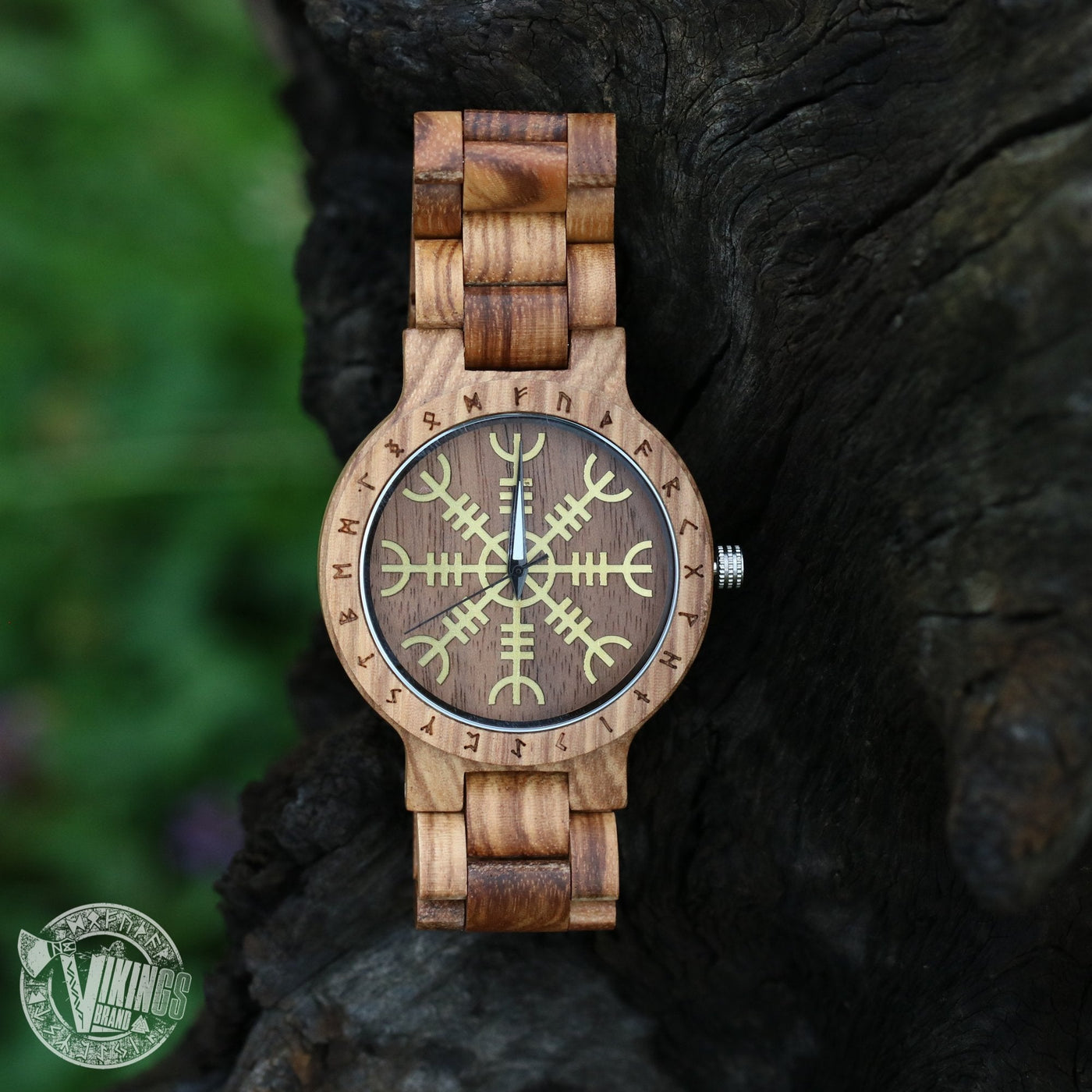 Handmade Viking Wooden Watch with Golden Helm of Awe or Vegvisir & Custom Saying on the Back Cover or Box - VikingsBrand