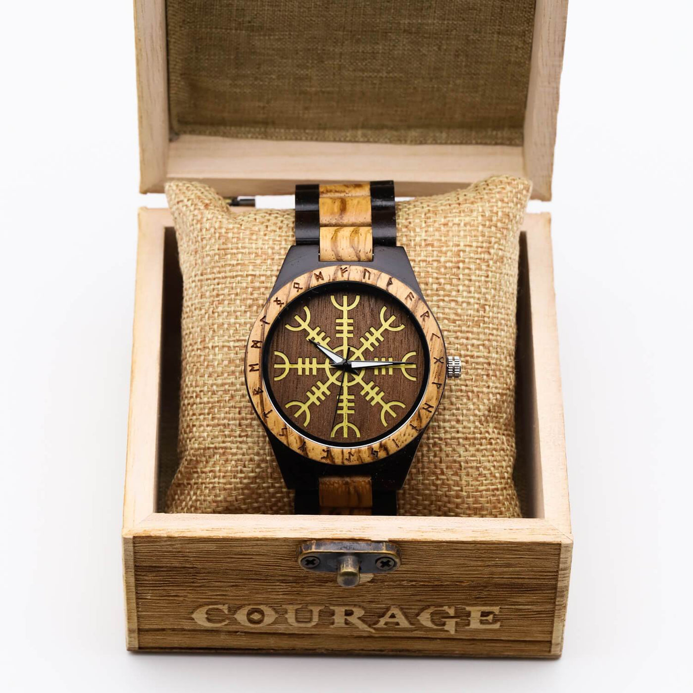 Roar Viking Wooden Watch with Carved Helm of Awe Viking Symbol & Custom Engravings